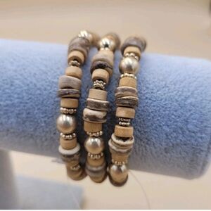 3 Piece Beaded Bracelet Set Natural Wood And Goldtone Look Men Or Women